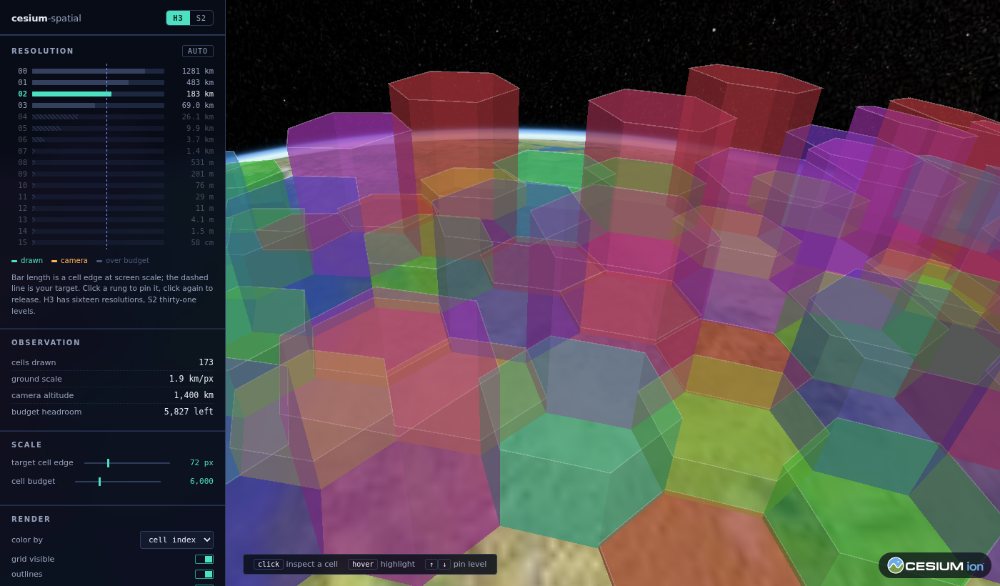 H3 cells extruded into prisms above the globe